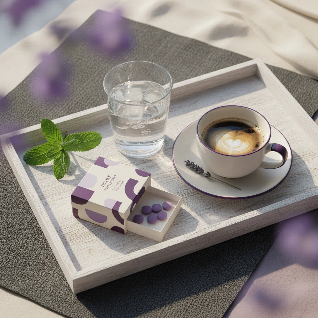 Morning wellness routine flat-lay: water, supplement box, mint and coffee cup on a wooden tray