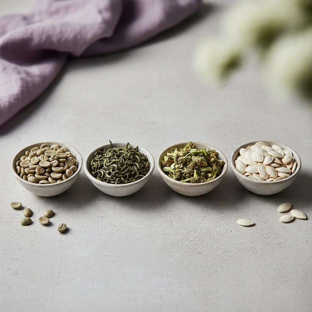 Green coffee beans, green tea leaves, broccoli and pumpkin seeds arranged as botanical ingredients