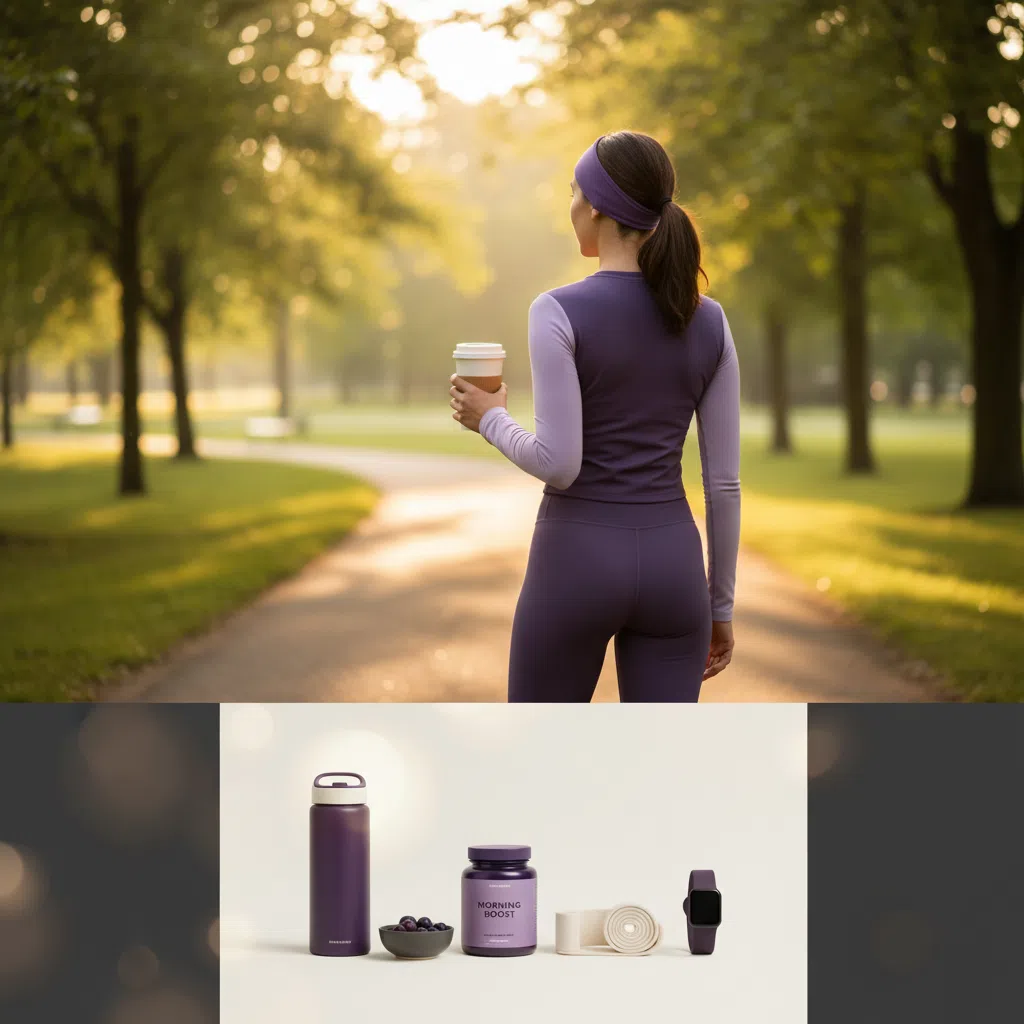 Anonymous person from behind enjoying a morning walk in a sunlit park with a reusable coffee cup