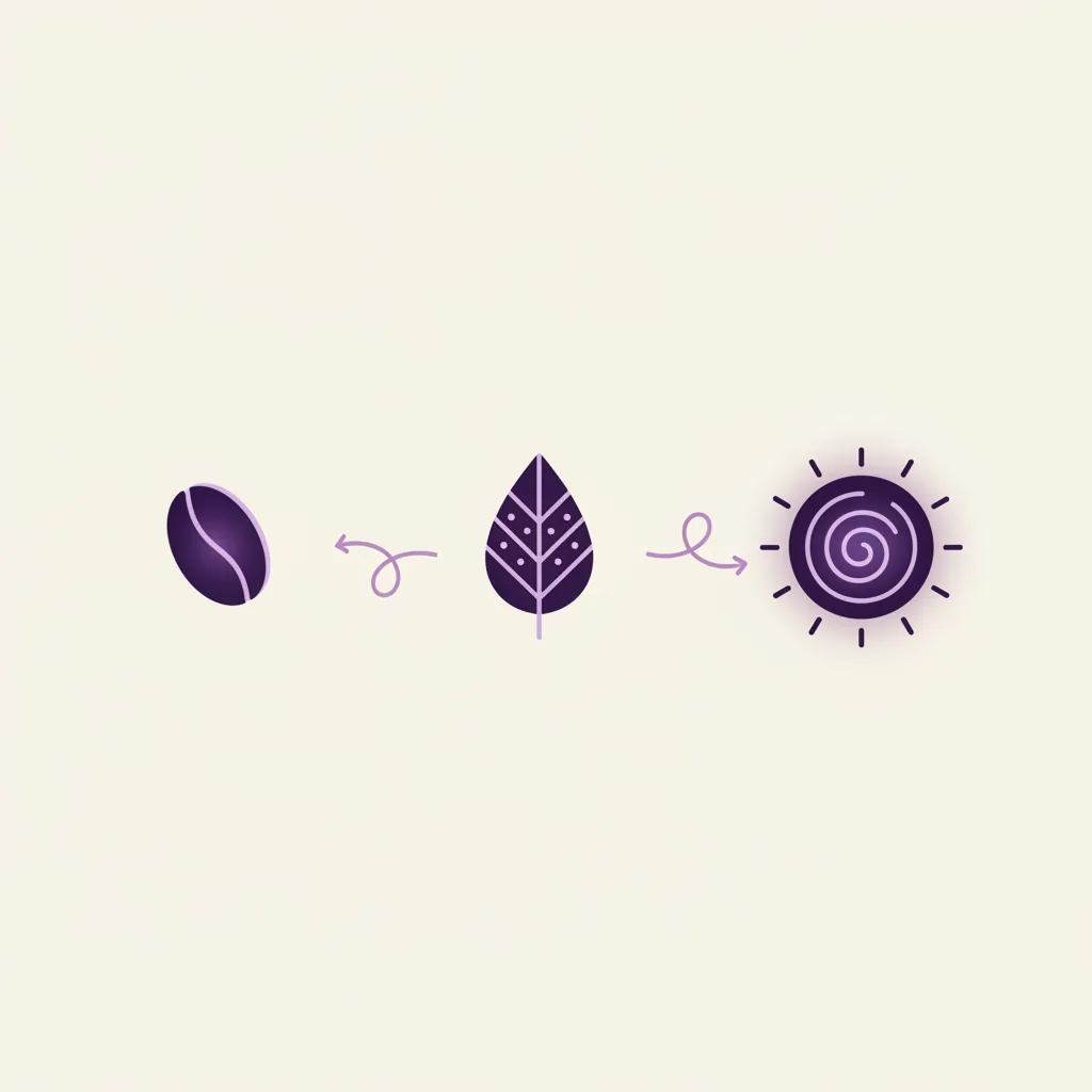 Botanical stages illustration: green coffee bean, leaf and absorption circle icons connected by flowing arrows